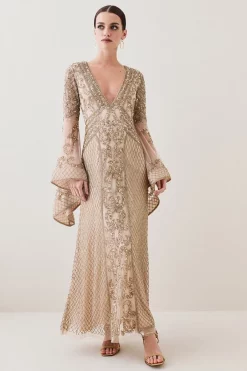 Cheapest 🥰 Karen Millen Petite Embellished Kimono Sleeve Beaded Maxi 👗 Dress - gold 🤩 -Occasionwear Popular Store womens gold petite embellished kimono sleeve beaded maxi dress