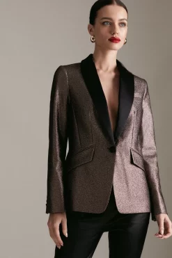 Budget ✨ Karen Millen Petite Stretch Metallic Jacquard Jacket 🔥 -Occasionwear Popular Store womens gold petite stretch metallic jacquard jacket