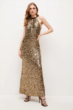 Best reviews of 🔔 Karen Millen Sequinned Halter Maxi 👗 Dress - gold 😀 -Occasionwear Popular Store womens gold sequinned halter maxi dress