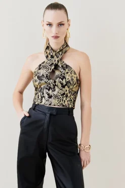 Flash Sale 🎁 Karen Millen Snake Jacquard Halter Neck Top - gold 👏 -Occasionwear Popular Store womens gold snake jacquard halter neck top