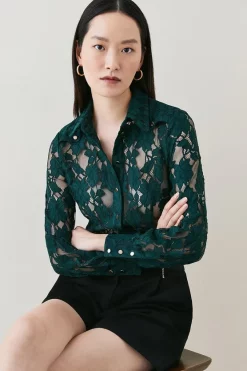 Cheapest 🌟 Karen Millen All Over Lace Button Through Jersey Blouse 😀 -Occasionwear Popular Store womens green all over lace button through jersey blouse