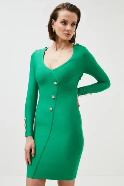 Buy 😉 Karen Millen Bandage Knit Military Trim Wrap Front 👗 Dress 🛒 -Occasionwear Popular Store womens green bandage knit military trim wrap front dress