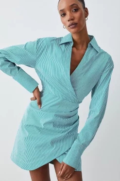 Coupon 👏 Karen Millen Cotton Stripe Wrap Detail Mini 👚 Shirt 👗 Dress - green 🔔 -Occasionwear Popular Store womens green cotton stripe wrap detail mini shirt dress