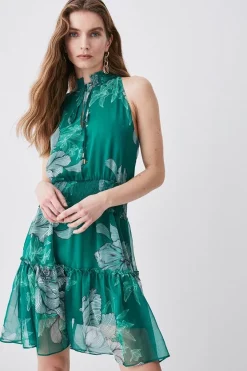 Coupon 😉 Karen Millen Floral Bloom Shirred Halter Woven Mini 👗 Dress - green ⌛ -Occasionwear Popular Store womens green floral bloom shirred halter woven mini dress