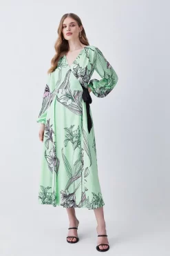 Cheapest 🧨 Karen Millen Floral 🔨 Hammered Satin Woven Wrap Midi 👗 Dress - green 😉 -Occasionwear Popular Store womens green floral hammered satin woven wrap midi dress