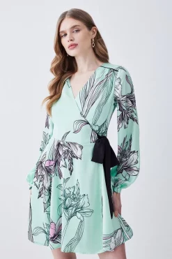 Cheapest 👏 Karen Millen Floral 🔨 Hammered Satin Woven Wrap Mini 👗 Dress - green 👍 -Occasionwear Popular Store womens green floral hammered satin woven wrap mini dress