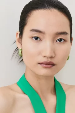 Best Pirce 😀 Karen Millen Gold Plated Green Diamante Hoop Earrings 👍 -Occasionwear Popular Store womens green gold plated green diamante hoop earrings