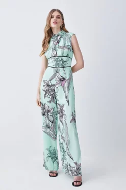 Cheap 😉 Karen Millen 🔨 Hammered Satin Woven Twist Neck Jumpsuit - green 🌟 -Occasionwear Popular Store womens green hammered satin woven twist neck jumpsuit