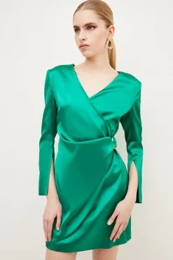 Best reviews of 😀 Karen Millen Italian Structured Satin Sleeved Mini 👗 Dress 😉 -Occasionwear Popular Store womens green italian structured satin sleeved mini dress
