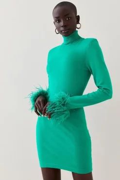 Wholesale 👏 Karen Millen Petite Feather Trim Knit Fitted Mini 👗 Dress - green 🔔 -Occasionwear Popular Store womens green petite feather trim knit fitted mini dress