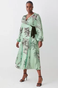Best Pirce 💯 Karen Millen Plus Size Floral 🔨 Hammered Satin Woven Wrap Midi 👗 Dress - green ✔️ -Occasionwear Popular Store womens green plus size floral hammered satin woven wrap midi dress