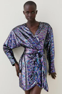 Brand new ✔️ Karen Millen Sequin Drape Wrap Mini 👗 Dress - green 🧨 -Occasionwear Popular Store womens green sequin drape wrap mini dress