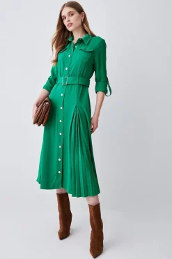 Budget 🔥 Karen Millen Soft Tailored Pleat Panel Sleeved Belted Midi 👗 Dress 🛒 -Occasionwear Popular Store womens green soft tailored pleat panel sleeved belted midi dress