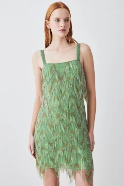 Discount 🎉 Karen Millen Square Neck Embellished Fringed Mini 👗 Dress - green 🎉 -Occasionwear Popular Store womens green square neck embellished fringed mini dress