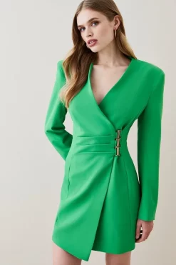 Cheapest ⭐ Karen Millen Strong Shoulder Wrap Mini 👗 Dress 🛒 -Occasionwear Popular Store womens green strong shoulder wrap mini dress 1