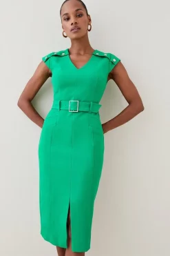 Hot Sale 💯 Karen Millen Structured Crepe Belted Forever Midi 👗 Dress 👍 -Occasionwear Popular Store womens green structured crepe belted forever midi dress