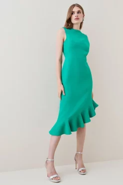 Outlet ✔️ Karen Millen Structured Crepe Cut Out Ruffle Hem Midi 👗 Dress ⌛ -Occasionwear Popular Store womens green structured crepe cut out ruffle hem midi dress 1