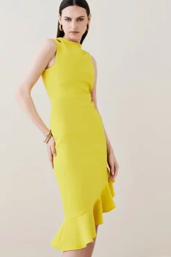 Outlet ✔️ Karen Millen Structured Crepe Cut Out Ruffle Hem Midi 👗 Dress ⌛ -Occasionwear Popular Store womens green structured crepe cut out ruffle hem midi dress