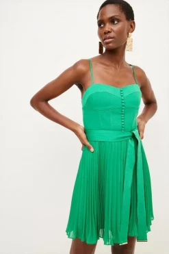 Budget 👍 Karen Millen Top Stitch And Pleat Woven Mini 👗 Dress - green 🥰 -Occasionwear Popular Store womens green top stitch and pleat woven mini dress