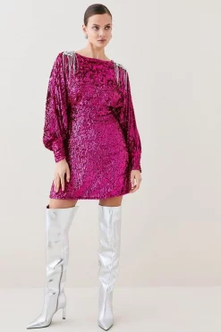 Promo 🥰 Karen Millen Tall Sequin & Crystal Embellished Woven 👗 Dress - hot pink 👍 -Occasionwear Popular Store womens hot20pink tall sequin crystal embellished woven dress