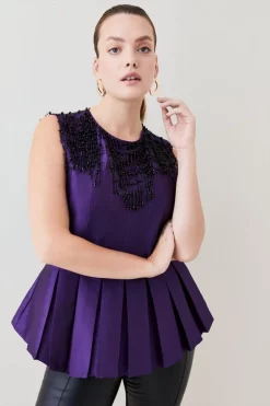 Outlet 🥰 Karen Millen Plus Size Taffeta Hanging Embellished Top - indigo ✨ -Occasionwear Popular Store womens indigo plus size taffeta hanging embellished top