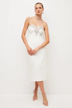 Brand new 🥰 Karen Millen Crystal Embellished Cady Woven Corset Midi 👗 Dress 🔥 -Occasionwear Popular Store womens ivory crystal embellished cady woven corset midi dress