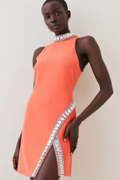 Discount ⭐ Karen Millen Crystal Embellished Woven Thigh Split Mini 😍 -Occasionwear Popular Store womens ivory crystal embellished woven thigh split mini 2