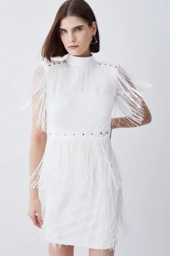 Buy 🌟 Karen Millen Fringed Ponte Detail Midi 👗 Dress 😉 -Occasionwear Popular Store womens ivory fringed ponte detail midi dress