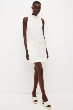 Buy 🎁 Karen Millen Metallic Tweed Pocket Shift Mini 👗 Dress - ivory ✔️ -Occasionwear Popular Store womens ivory metallic tweed pocket shift mini dress