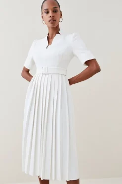 Deals 💯 Karen Millen Petite Compact Stretch Forever Pleat Belted Midi 👗 Dress - ivory ❤️ -Occasionwear Popular Store womens ivory petite compact stretch forever pleat belted midi dress