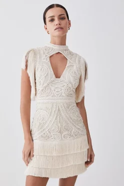 Best Pirce 🤩 Karen Millen Petite Cornelli Embellished Fringed Woven 👗 Dress - ivory 🔥 -Occasionwear Popular Store womens ivory petite cornelli embellished fringed woven dress