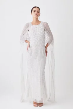 Outlet 😍 Karen Millen Petite Premium Embellished Caped Maxi 👗 Dress - ivory 🌟 -Occasionwear Popular Store womens ivory petite premium embellished caped maxi dress