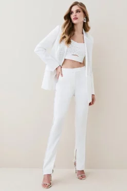 Flash Sale 🎉 Karen Millen Satin Diamante Lapel Double Breasted Blazer ✔️ -Occasionwear Popular Store womens ivory satin diamante lapel double breasted blazer