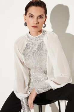 Best deal 🥰 Karen Millen Sequin Panelled Georgette Blouse 🔥 -Occasionwear Popular Store womens ivory sequin panelled georgette blouse