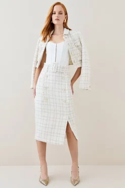 Discount 👏 Karen Millen Sparkle Tweed Button Pencil 👗 Skirt - ivory 🔔 -Occasionwear Popular Store womens ivory sparkle tweed button pencil skirt