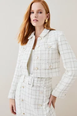 Hot Sale 🔔 Karen Millen Sparkle Tweed Pocket Trophy Jacket - ivory 🤩 -Occasionwear Popular Store womens ivory sparkle tweed pocket trophy jacket