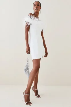 Best Sale ๐ Karen Millen Structured Crepe Feather Bardot Mini ๐ Dress โ๏ธ 12 Best Sale ๐ Karen Millen Structured Crepe Feather Bardot Mini ๐ Dress โ๏ธ -Occasionwear Popular Store womens ivory structured crepe feather bardot mini dress