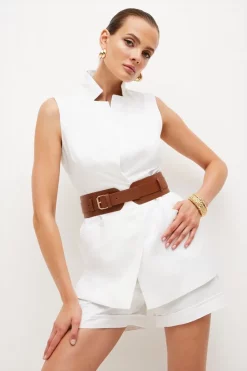 Buy 👏 Karen Millen Tailored Linen Blend Sleeveless Belted Jacket 😍 -Occasionwear Popular Store womens ivory tailored linen blend sleeveless belted jacket