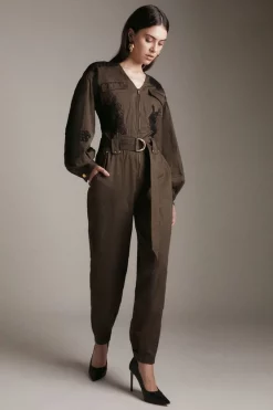 Budget ❤️ Karen Millen Embroidered Balloon Sleeve Woven Utility Jumpsuit - khaki 😉 -Occasionwear Popular Store womens khaki embroidered balloon sleeve woven utility jumpsuit