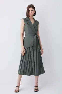 Hot Sale 😉 Karen Millen Tall Military Pleat Sleeveless Midi 👗 Dress - khaki 💯 -Occasionwear Popular Store womens khaki tall military pleat sleeveless midi dress