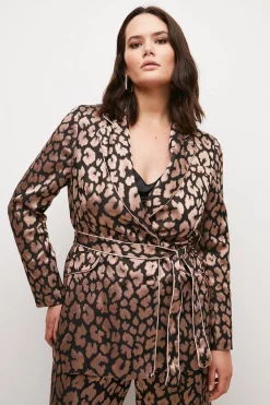 Hot Sale 🔥 Karen Millen Plus Size Jacquard Satin Belted Double Breasted Jacket - leopard 🔥 -Occasionwear Popular Store womens leopard plus size jacquard satin belted double breasted jacket