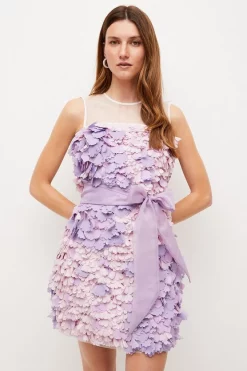 Budget 🔔 Karen Millen Applique & Organza Tie Waist Mini 👗 Dress - lilac 🤩 -Occasionwear Popular Store womens lilac applique organza tie waist mini dress