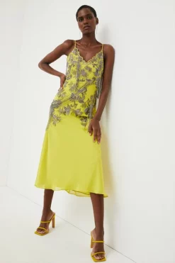 Promo 👏 Karen Millen Beaded Embellished Fringed Satin Woven Slip - lime 🔔 -Occasionwear Popular Store womens lime beaded embellished fringed satin woven slip