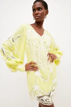 Best reviews of ✔️ Karen Millen Cutwork Beaded Drama Sleeve Woven Mini 👗 Dress - lime 👍 -Occasionwear Popular Store womens lime cutwork beaded drama sleeve woven mini dress