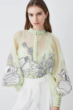 Best reviews of 😍 Karen Millen Floral Applique Organdie Button Woven Blouse ❤️ -Occasionwear Popular Store womens lime floral applique organdie button woven blouse