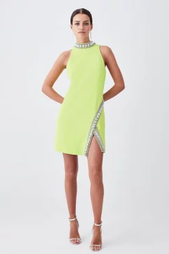 Flash Sale 😀 Karen Millen Petite Crystal Embellished Woven Mini 👗 Dress - lime 🌟 -Occasionwear Popular Store womens lime petite crystal embellished woven mini dress