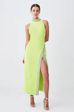 Brand new 🎉 Karen Millen Petite Crystal Embellished Woven Split Maxi - lime ⌛ -Occasionwear Popular Store womens lime petite crystal embellished woven split maxi