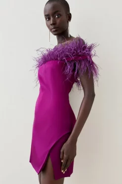 Best Sale 👍 Karen Millen Italian Structured Satin Feather Bardot Mini 👗 Dress - magenta 🎉 -Occasionwear Popular Store womens magenta italian structured satin feather bardot mini dress