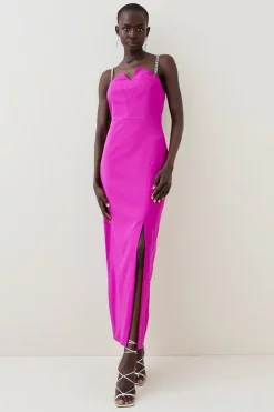 Outlet 💯 Karen Millen Soft Tailored Cross Chain Detail Midi 👗 Dress ⌛ -Occasionwear Popular Store womens magenta soft tailored cross chain detail midi dress