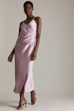Best Pirce 🥰 Karen Millen Satin Ruched Side Midaxi Slip 👗 Dress - mauve ⭐ -Occasionwear Popular Store womens mauve satin ruched side midaxi slip dress